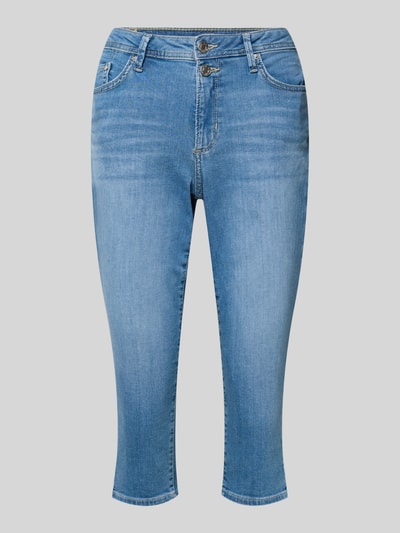 Produktfoto, Slim Fit Caprijeans aus Baumwoll-Mix Modell 'BETSY' von s.Oliver RED LABEL in mittlerem Denimblau, 7/8-Länge mit Seitenschlitz, sichtbare Knöpfe, 5-Pocket-Design, strukturierte Jeans-Oberfläche