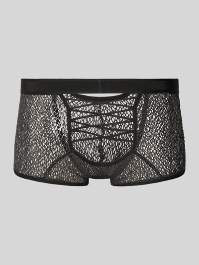 Produktfoto, schwarze semitransparente Trunks mit Stretch-Anteil, Label-Detail, rückseitige Schnürung, Night Universe von WOH.