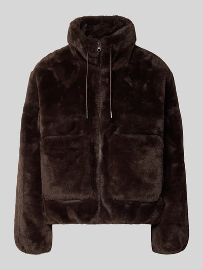 Produktfoto, Jacke aus Kunstfell mit Reißverschluss Modell 'FONY' von FREE/QUENT in Dunkelbraun, Regular Fit, Stehkragen mit Tunnelzug, aufgesetzte Taschen, glatte Struktur, Damen Jacke