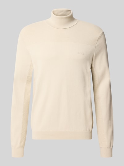 Produktfoto, Regular Fit Rollkragenpullover aus Woll-Mix von BOSS in unifarbener Strickoptik mit Struktur, langarm, gerippte Abschlüsse, Logo-Schriftzug.