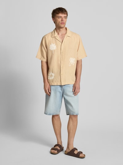 Only & Sons Regular Fit Leinenhemd mit Motiv-Stitching Modell 'CAIDENLY' Orange 1