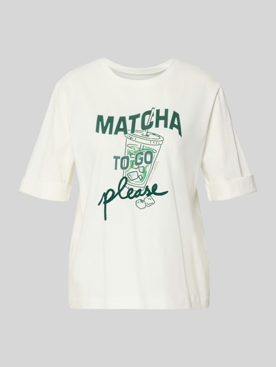 Produktfoto, Slim Fit T-Shirt mit Motiv-Print von Marc Cain, weiße Baumwolle, Halbarm, Rundhalsausschnitt, 58 cm Rückenlänge, Logo-Print.