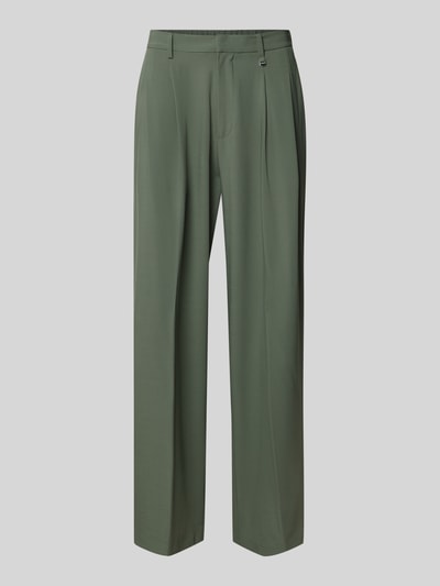 Produktfoto, Stoffhose mit Label-Detail von Antony Morato in Olivgrün, lockerer Schnitt, elastischer Bund, Bundfalten, glatte Textur