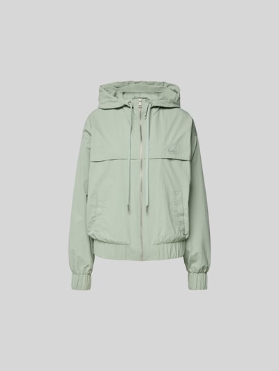 Produktfoto, Regular Fit Jacke mit Logo-Stitching von Lala Berlin in Mintgrün mit Kapuze, Tunnelzug, Eingrifftaschen, Reißverschluss, strukturierte Oberfläche