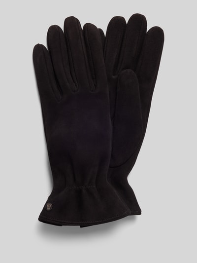 Produktfoto, schwarze Handschuhe aus echtem Leder Modell 'Strassburg' von Roeckl mit Logo-Detail und Strukturmuster, Damen Handschuhe