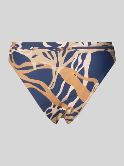 Produktfoto, figi bikini z wysokim stanem High Waist Bikinihose Modell 'Melyd' od Barts, mieszanka materiałów z dodatkiem streczu, dopasowany krój, wiązany pasek, kolor granatowy z beżowo-żółtym wzorem abstrakcyjnym
