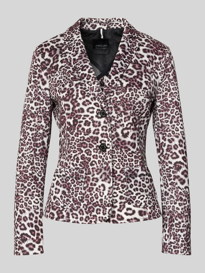 Produktfoto, Slim Fit Blazer mit Allover-Animal-Print von Marc Cain, gemusterter elastischer Stoff, Reverskragen, Doppelknopfleiste, aufgesetzte Taschen