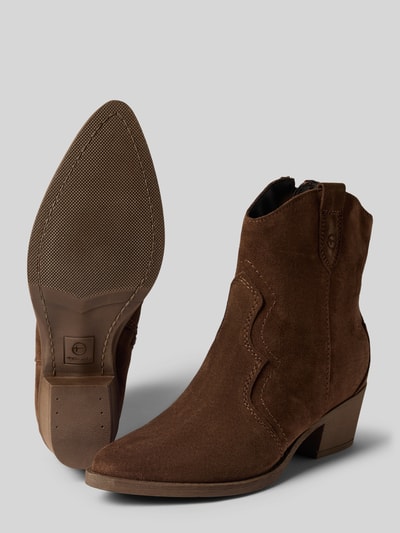 Produktfoto, Stiefeletten aus echtem Rindsleder von Tamaris in dunklem Braun mit glatter Oberfläche, klare Linien und strukturierte Sohle, Kontext: Damen Stiefeletten von Tamaris