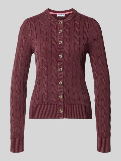 Produktfoto, Relaxed Fit Strickjacke aus reiner Baumwolle von Jake*s in Dunkelrot mit grobem Zopfmuster, Damen Pullover von Jake*s Casual