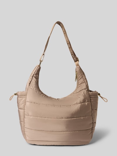 Produktfoto, Shopper mit Logo-Detail Modell 'Alltime Buddy' von Hey Marly in Beige, gesteppt, mit verstellbarem Trageriemen und Reißverschluss, seitlichem Tunnelzug sowie Logo auf dem Schulterriemen, Hauptfach großzügig, Maße 50x45x14 cm, Länge Schulterriemen 52 cm, moderne, weiche Struktur.