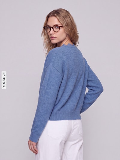 Jake*s Collection Pullover mit Spitzenbesatz am V-Ausschnitt Blau 5