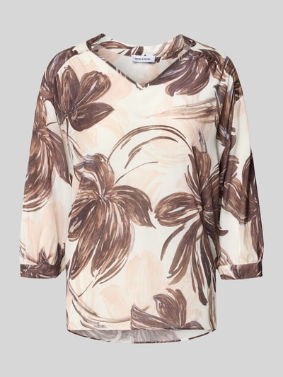 Produktfoto, Relaxed Fit Bluse aus Viskose-Mix mit floralem allover-print von MORE, mix van viscose en katoen, dames blouse, V-hals, 3/4-mouw, beige en bruin met grote bloemenprint, ruglengte maat 36: 65 cm, mouwlengte maat 36: 37 cm