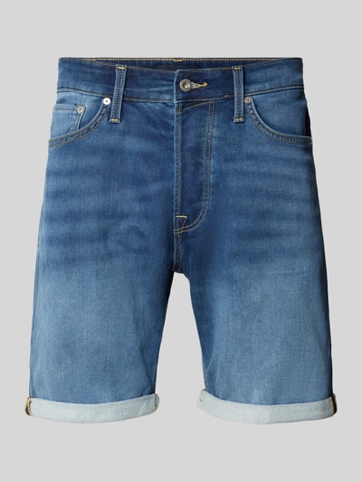 Produktfoto, Regular Fit Jeansshorts mit Umschlag Modell 'RICK' von Jack & Jones, mieszanka bawełny i wiskozy, efekt znoszenia, krój regular fit, brzeg, szerokość w rozmiarze M: 42 cm, długość wewnętrzna nogawki w rozmiarze M: 20 cm.