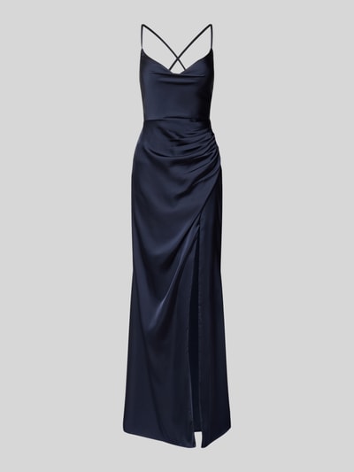 Produktfoto, Abendkleid aus Satin mit Gehschlitz von Laona, granatowy satynowy materiał, krój slim fit, długość maxi, marszczenia, rozcięcie, szerokość w rozmiarze 36: 40 cm, długość tyłu w rozmiarze 36: 122 cm