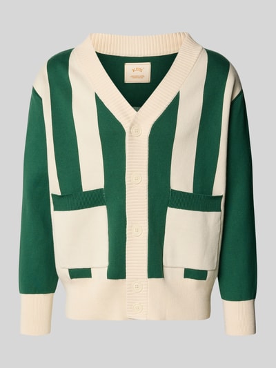 Produktfoto, Cardigan mit Streifenmuster und V-Ausschnitt von BLKVIS in Grün und Creme, Reine Baumwolle, Relaxed-Fit, Knopfleiste, AufgesetzteTaschen, Rückenlänge 63 cm, Ärmellänge 58 cm, für Herren