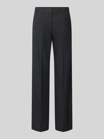 Produktfoto, schwarze Straight Fit Anzughose mit Viskose-Anteil von MYON, elastischer Material-Mix, Gürtelschlaufen, Eingriff- und Gesäßtaschen, Knopf- und Reißverschluss, schlichte Textur, Kontext: Damen Anzughose, Bundweite und Innenbeinlänge bei Größe 36