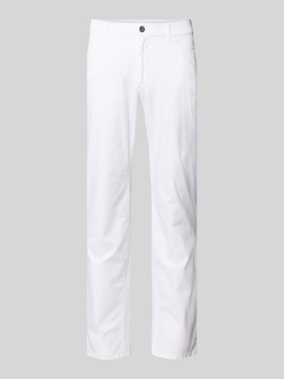 Produktfoto, weiße Slim Fit Stoffhose mit 5-Pocket-Design und Knopf-Reißverschluss, Baumwoll-Lyocell-Anteil, Modell 'Cadiz' von BRAX, für Herren