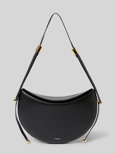 Produktfoto, schwarze Shoulder Bag mit Logo-Print Modell 'Moonstone' von FURLA, glatte Textur, goldene Details, Magnetverschluss, verstellbarer Schulterriemen, Maße 31x20x3 cm, Riemenlänge 57 cm