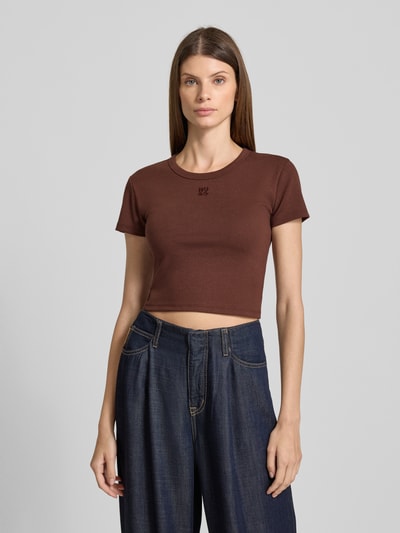 HUGO Slim fit T-shirt van katoenmix, model 'DELANOR' Chocoladebruin - 4