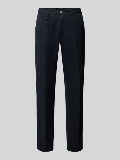 Produktfoto, Hose mit Bügelfalten und Gesäßtaschen van Profuomo, heren broek van mix van katoen en elastaan, relaxed fit, persplooien, achterzak, bandwijdte bij maat 50: 46 cm, binnenbeenlengte bij maat 50: 83 cm, effen donkerblauw, rechte pijpen, gladde textuur