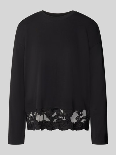 Produktfoto, Regular Fit Langarmshirt aus reiner Baumwolle Modell 'VIVVI' von ONLY, Damen Langarmshirt, schwarz mit transparenter Spitzenbordüre am Saum