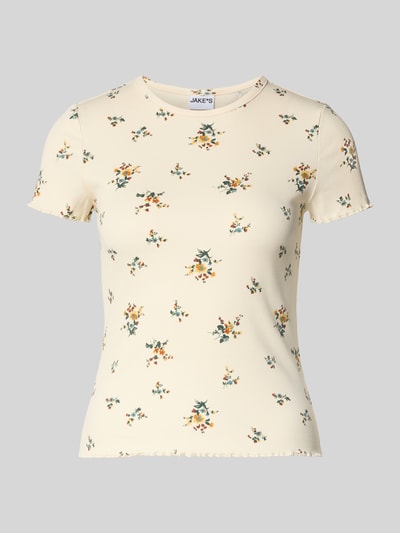 Productfoto, Regular Fit T-Shirt mit floralem Allover-Print van Jake*s Casual, elastische katoenmix, ronde hals, lengte maat S 50 cm, crèmekleur met bloemenmotief