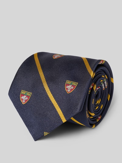 Produktfoto, Krawatte aus reiner Seide von Polo Ralph Lauren in Dunkelblau mit gelben Streifen und Wappen auf glatter Textur