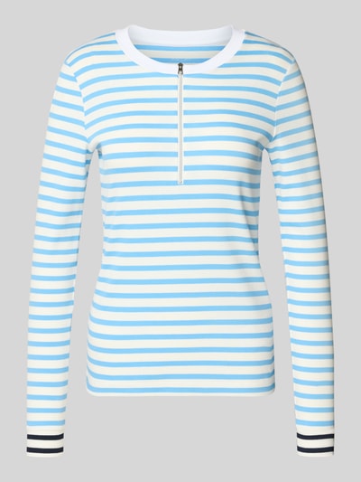 Produktfoto, Longsleeve mit Rundhalsausschnitt und Reißverschluss von Marc Cain, gestreift in Blau, Weiß und Beige, Baumwoll-Elasthan-Mix, Regular-Fit, Rückenlänge 57 cm in Größe 36.