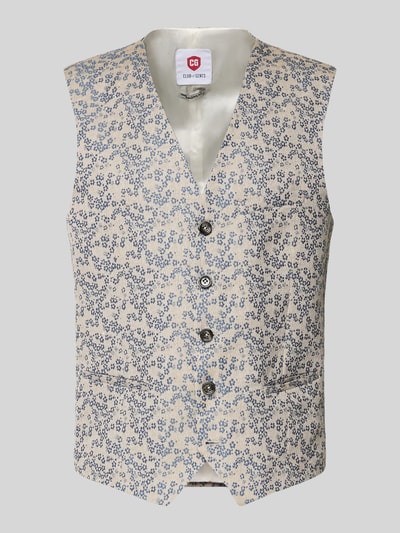 Produktfoto, Regular Fit Weste mit floralem Allover-Stitching von CG – Club of Gents, beżowo-niebieski wzór, bawełniany materiał, krój regular fit, pasplowane kieszenie, pełna lista guzików, długość tyłu 62 cm w rozmiarze 50, szerokość ramion 39 cm w rozmiarze 50, szerokość w rozmiarze 50: 60 cm