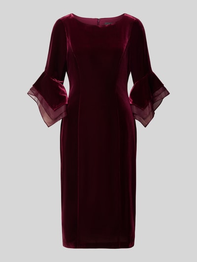 Produktfoto, Abendkleid aus Samt mit Rundhalsausschnitt von Adrianna Papell in dunklem Rot, Stretch-Material, taillierte Passform, Rückseitiger Reißverschluss, transparente Volantärmel, Material-Mix, mittellange Länge, Glanzoptik