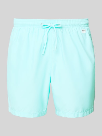 Produktfoto, Badehose mit Logo-Print Modell 'Lighting Pantone' von MC2 Saint Barth in Hellblau mit elastischem Bund und Kordelzug, glatte Textur