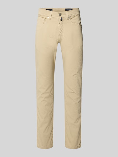 Produktfoto, Regular Fit Hose mit Eingrifftaschen Modell 'Lyon' von Pierre Cardin in Beige, Baumwoll-Elasthan-Mix, glatte Textur. Kontext: Herren HOSE, Regular-Fit, Modell 'Lyon', Eingrifftaschen, Bundweite 41 cm, Innenbeinlänge 80 cm, Größe 32/32.