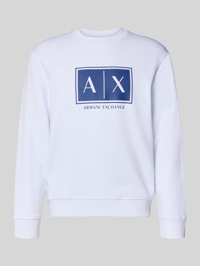 Produktfoto, Sweatshirt mit Logo-Print und Rundhalsausschnitt von ARMANI EXCHANGE, biała bawełna, krój loose fit, nadruk logo, długość tyłu 65 cm, długość rękawa 61 cm