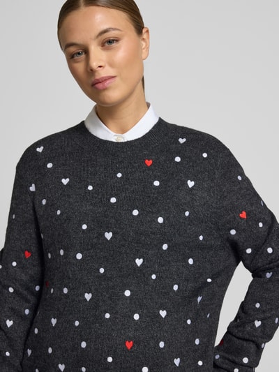 Tom Tailor Denim Regular Fit Strickpullover mit Stickereien Dunkelgrau Melange 3