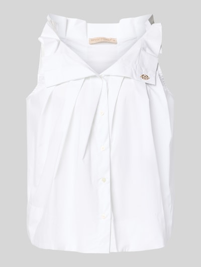 Produktfoto, Bluse mit Umlegekragen und Rüschen von Rinascimento aus weißem Baumwoll-Mix mit Stretch, lockerer Schnitt, goldfarbenes Label-Detail