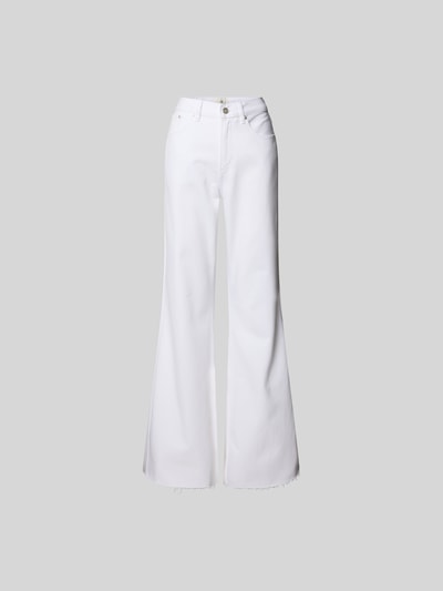 Produktfoto, weiße Flared Fit Jeans im 5-Pocket-Design von Anine Bing, sichtbare Gürtelschlaufen, Knopf- und Reißverschluss, glatte Textur