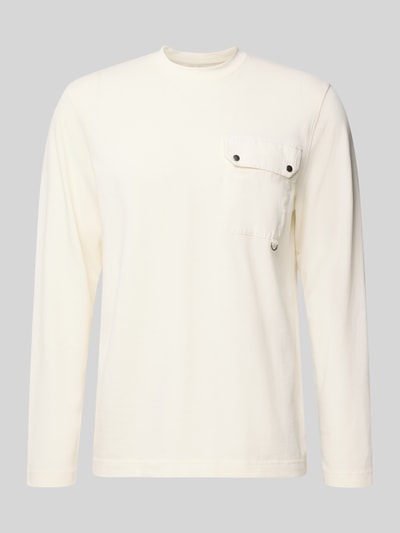 Produktfoto, Relaxed Fit Langarmshirt aus Baumwoll-Mix von Barbour in Unifarben Creme mit Rundhals, Brusttasche, Label Stitching, metallischen Akzenten.