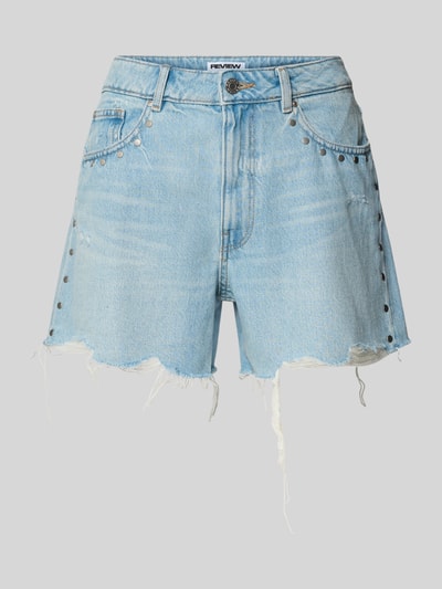 Produktfoto, Regular Fit Jeansshorts aus reiner Baumwolle von REVIEW, hellblau, destroyed-Look, Nietenbesatz, 5-Pocket-Design