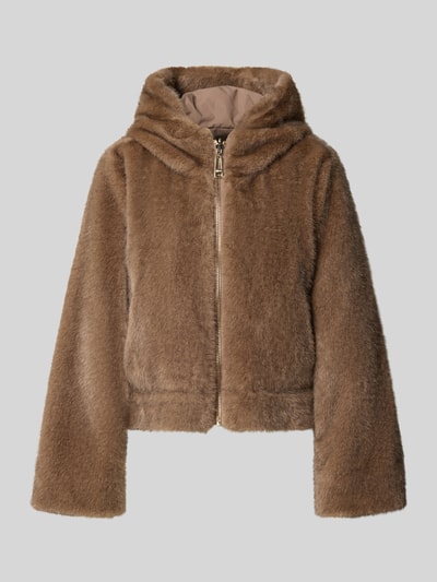 Produktfoto, Jacke mit Kapuze und Kimonoärmeln von Liu Jo in Braun, weiche Felloptik, Reißverschluss, gerade Form, sportliches Design. Damen Jacke von Liu Jo Sport, gerader Schnitt, Kapuze, Reißverschluss, Kimonoärmel, Rückenlänge 54 cm, Schulterbreite 38 cm, Brustweite 56 cm, Ärmellänge 92 cm.