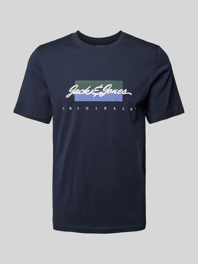 Jack & Jones T-shirt met labelprint, model 'WAYNE' Donkerblauw - 2