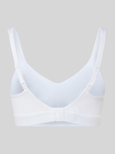 Produktfoto, weißer BH mit Logo-Detail Modell 'Triaction Energy Lite' von Triumph, elastischer Material-Mix, Haken-Verschluss, verstellbare Schulterriemen