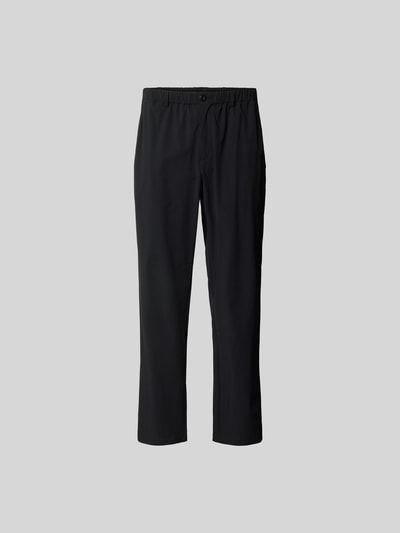 Produktfoto, Stoffhose mit Stretch-Anteil von Forét in Schwarz, Elastischer-Material-Mix, Relaxed-Fit, Gürtelschlaufen, Eingriffstaschen, Gesäßtaschen, Bundweite 78 cm, Innenbeinlänge 38 cm.