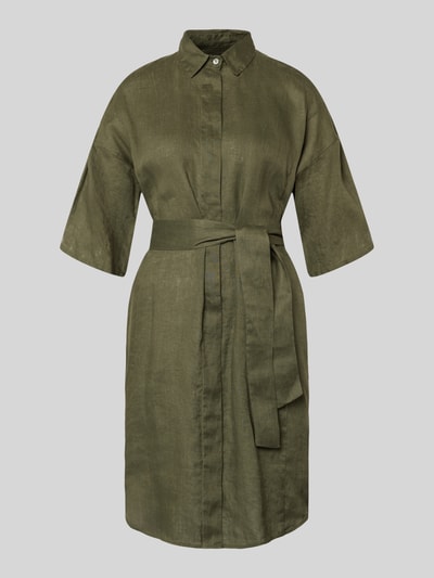 Produktfoto, Regular Fit Leinenkleid aus reinen Leinen Modell 'Derby' von 0039 Italy, oliwkowy len, wykładany kołnierz, półprzezroczysty, pasek, długość tyłu 96 cm, szerokość w rozmiarze S: 59 cm, długość rękawów 24 cm