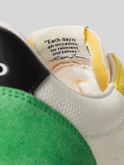 Produktfoto, Sneaker mit Schnürverschluss Modell 'PRL TRAIL 125' von Polo Ralph Lauren, skórzano-tekstylna cholewka, zielony, biały, żółty kolor, zaokrąglony nosek, label-details, strukturalna podeszwa, wysokość obcasa w rozmiarze 40: 4 cm, wysokość cholewki w rozmiarze 40: 8 cm, szerokość w rozmiarze 40: 7 cm