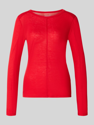 Produktfoto, Longsleeve in semi-transparenter Optik von MYON, Damen-Lyocell-Mix mit Woll-Anteil, tailliert, Rundhalsausschnitt, Ziernaht, leuchtend rot, glatte Struktur, Größe 36, Rückenlänge 61 cm