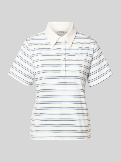 Produktfoto, Poloshirt mit kurzer Knopfleiste Modell 'Asla' von My Essential Wardrobe aus Baumwoll-Mix, weiß mit blauen und schwarzen Streifen, körpernahe Passform, strukturierte Textur, Polokragen, Damen-Poloshirt