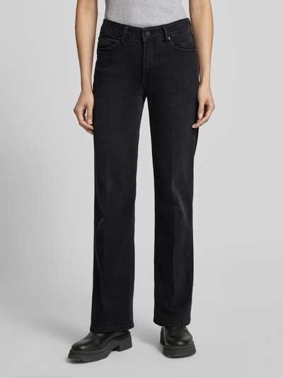 Vrouwenmodel draagt Wide Fit Jeans uit katoenmix Model 'Carie' van someday, zwart, 5-pocketmodel, knoop- en ritssluiting, ganzebody voorkant.