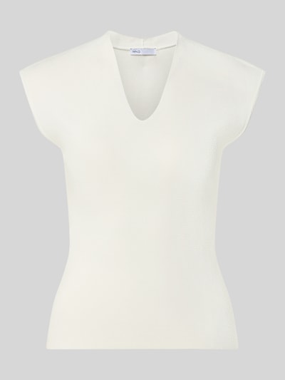 Produktfoto, cremeweißes Stricktop mit V-Ausschnitt Modell 'CANELONS' von MANGO, taillierter Schnitt, feine Textur, Viskose-Mix, Rückenlänge 56 cm bei Größe S