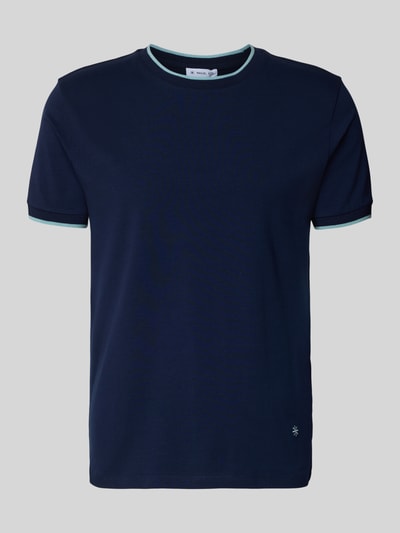 Produktfoto, dunkelblaues T-Shirt mit Rundhalsausschnitt und Kontraststreifen von Manuel Ritz, Baumwoll-Elasthan-Mix, Slim Fit