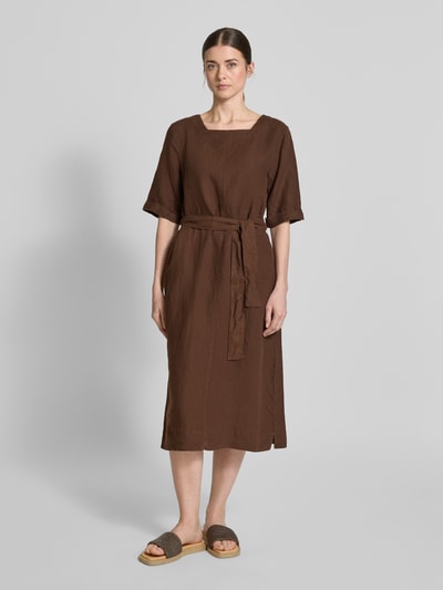 MAERZ Muenchen Knielanges Leinenkleid mit Karree-Ausschnitt Mittelbraun 4